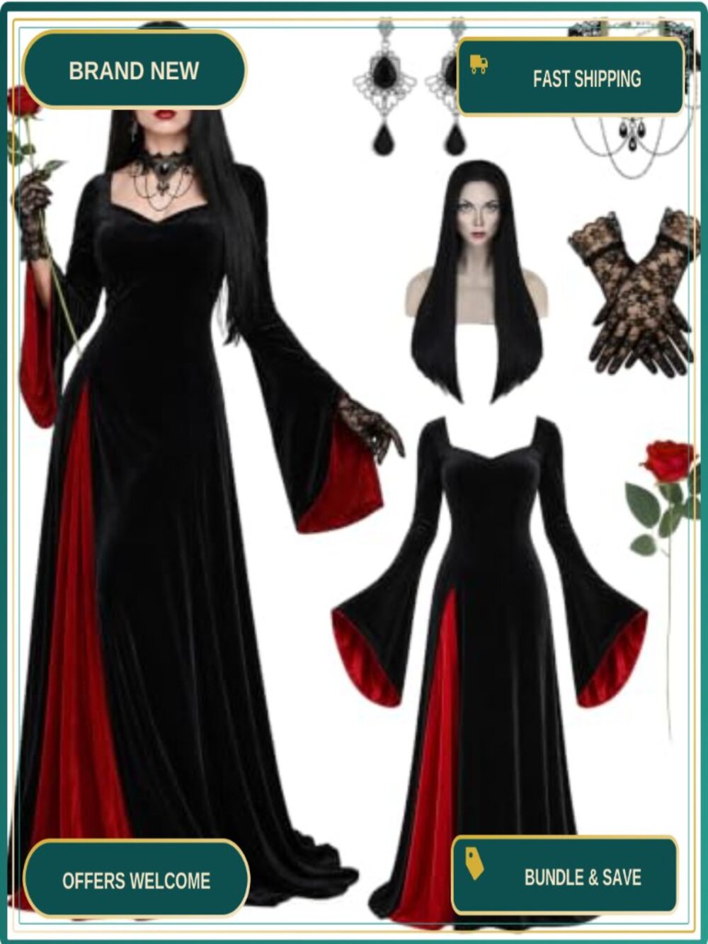 Velvet Gothic Witch Costume Set Cosplay Halloween Dress